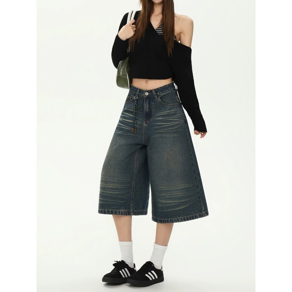 2LINKS | Retro ล้าง Super Wide กางเกง Casual Lazy Gown Cropped กางเกงยีนส์