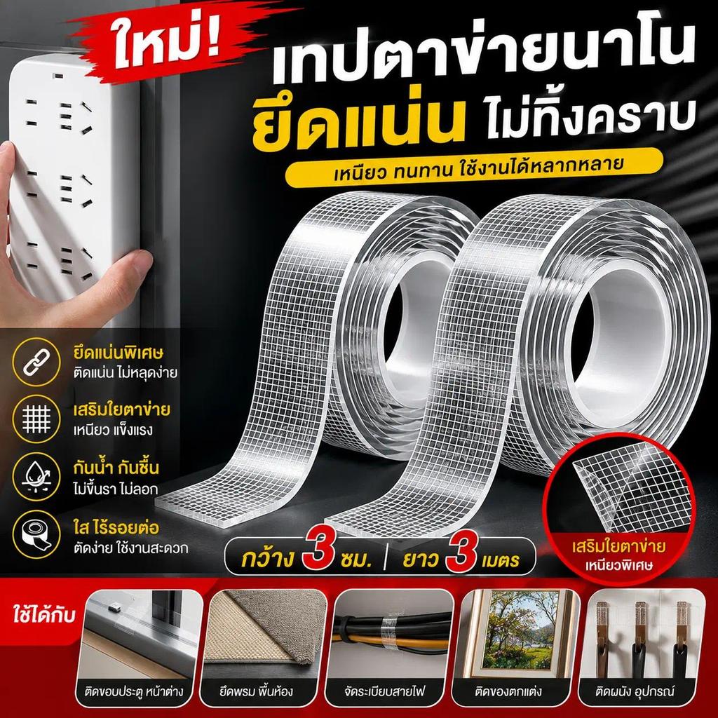 เทปกาว 2 หน้า แบบตาข่าย เหนียวพิเศษ รับน้ำหนักดี ลอกออกง่าย ไม่ทำลายพื้นผิว กันน้ำ กันชื้น ติดแน่นทุกพื้นผิว