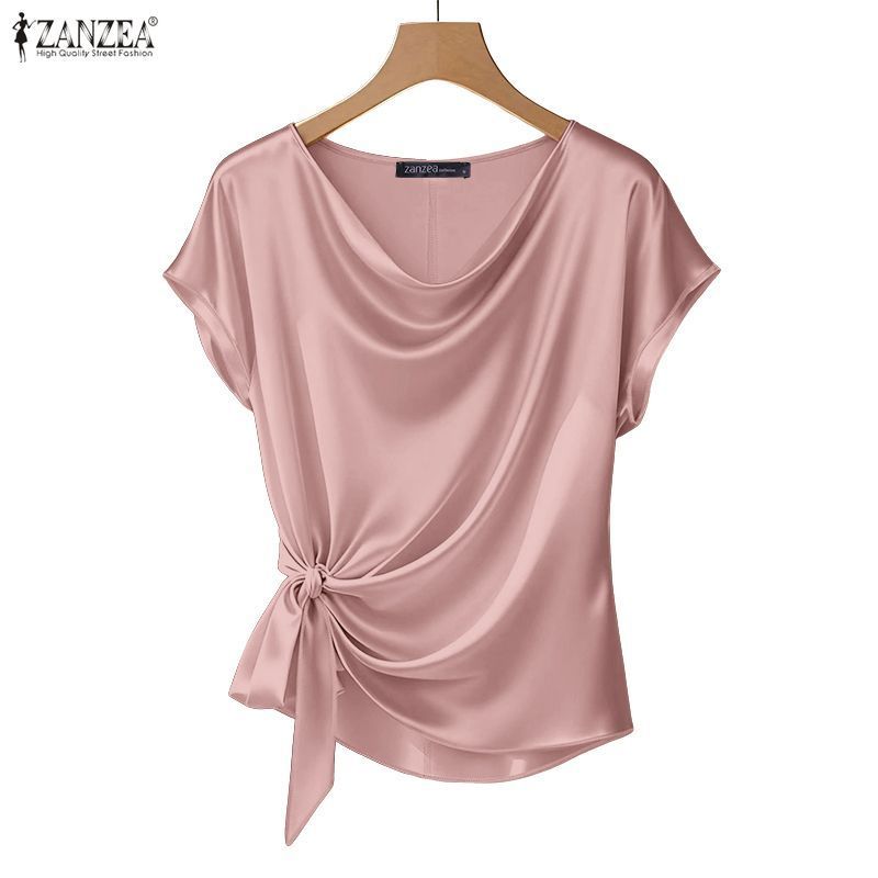 Zanzea ผู้หญิงเกาหลีสันทนาการซาติน Draped คอไม่สม่ําเสมอ Hem Twisted Knot เสื้อยืดแขนสั้น Presale — صورة 6