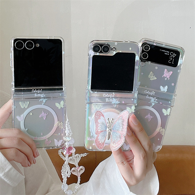 SAMSUNG เลเซอร์ผีเสื้อวงเล็บแม่เหล็กสร้อยข้อมือเคสโทรศัพท์สําหรับ ซัมซุง กาแลคซี Z พลิก 8 7 6 5 4 ฝาครอบบานพับ