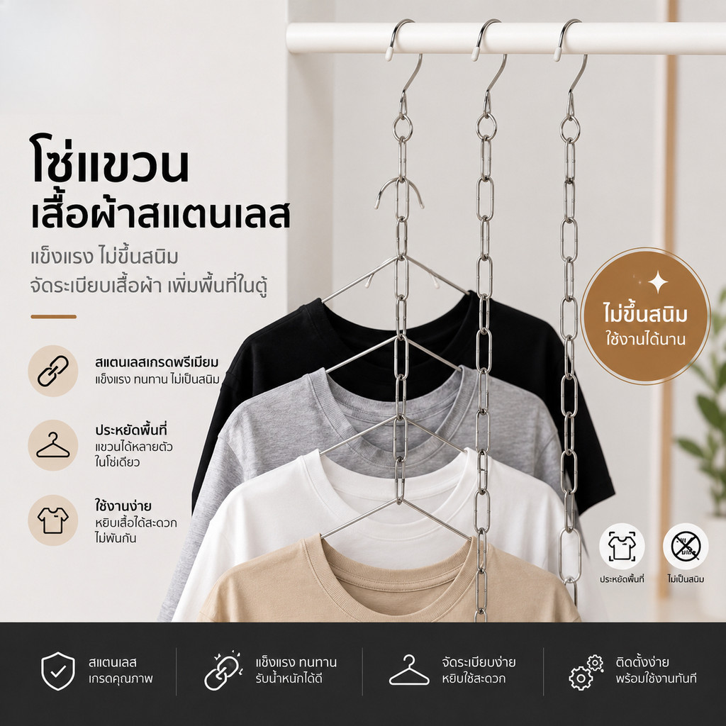 โซ่แขวนเสื้อผ้า ห่วงโซ่แขวนเสื้อผ้าสำหรับจัดเก็บเสื้อผ้า แขวนได้ 10 ชิ้น 10 ห่วง แข็งเเรง ประหยัดพื้นที