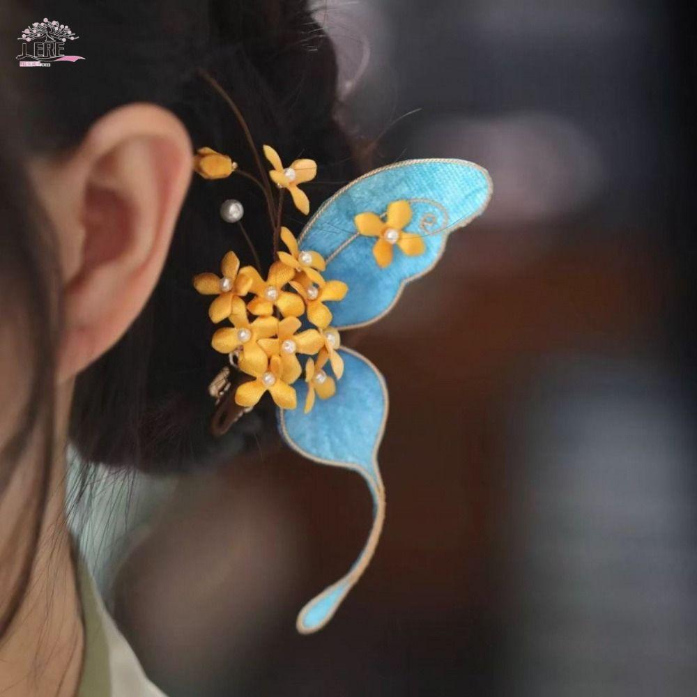 JEREMY1 Hanfu ส้อมผมผีเสื้อ, ลูกปัด Headwear จีนสีฟ้าโบราณ Hairpins, คลาสสิก Osmanthus โลหะผสมที่สวยงามประณีต Fairy คลิปด้านข้าง Betrothal