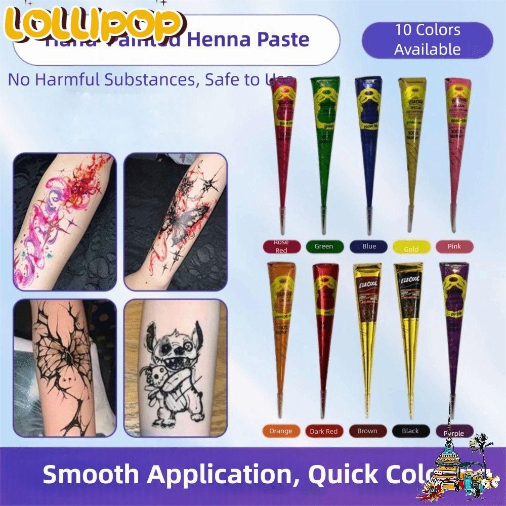 LOLLIPOP Henna Tattoo Cream, กึ่งถาวรสีดําสีน้ําตาล Henna Paste Cone, ครีมสักชั่วคราวใช้งานง่าย Mehn