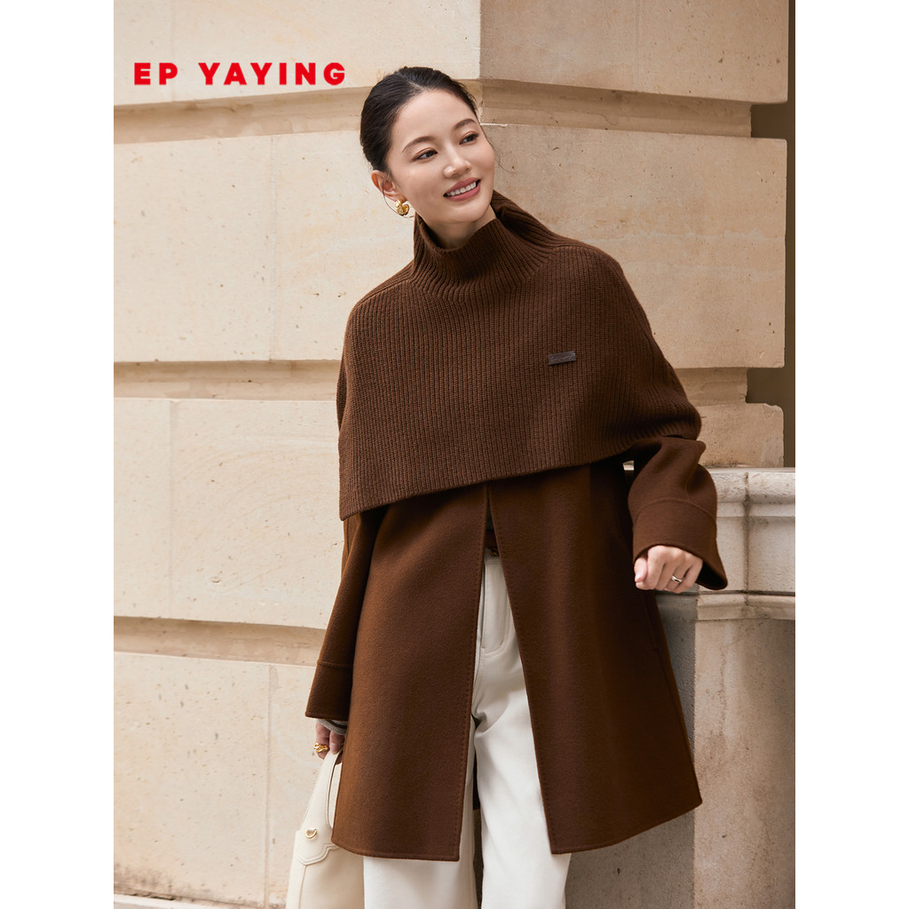 EP Yaying เสื้อคลุมผู้หญิงสไตล์หรูหราแบบคงที่ขนสัตว์แคชเมียร์ผ้าพันคอแบบถอดได้ผ้าคลุมไหล่เสื้อขนสัตว