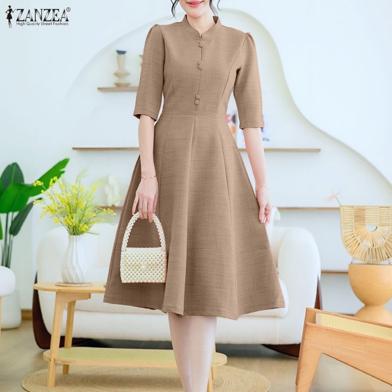 ZANZEA ผู้หญิงเกาหลีหรูหราระดับไฮเอนด์ปุ่มแขนกลางตกแต่งชุด A-Swing - รูปที่ 3