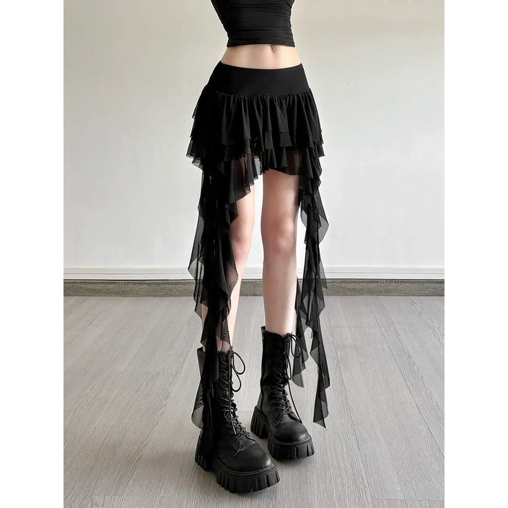 Ruffled Edge Patchwork เอวสูงกระโปรงกระชับสัดส่วนอเนกประสงค์ Slim Fit กระโปรงไม่สม่ําเสมอ