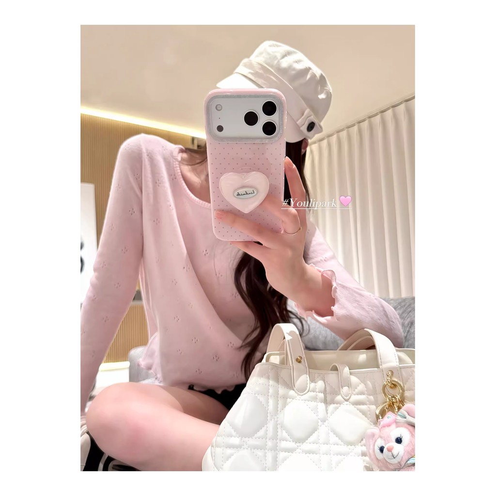 Ins สไตล์เกาหลี Gentle Girl ครีมสีชมพู Polka Dot Love Bracket เหมาะสําหรับ 17pro/17ProMax เคสโทรศัพท์ 16 รวมทุกอย่าง 14 สไตล์ใหม่ 16Promax เคสป้องกัน - รูปที่ 3