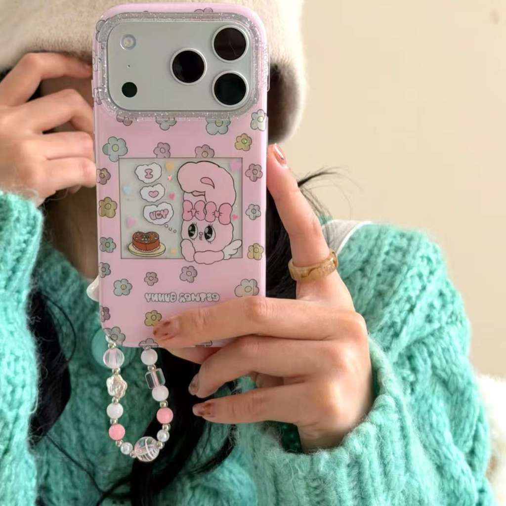 Glitter Sequins สองด้านเลนส์พร้อมโซ่ Cutout ดอกไม้หัวใจขนม Usagyuun สําหรับ iPhone 17 Pro Max 16 Pro