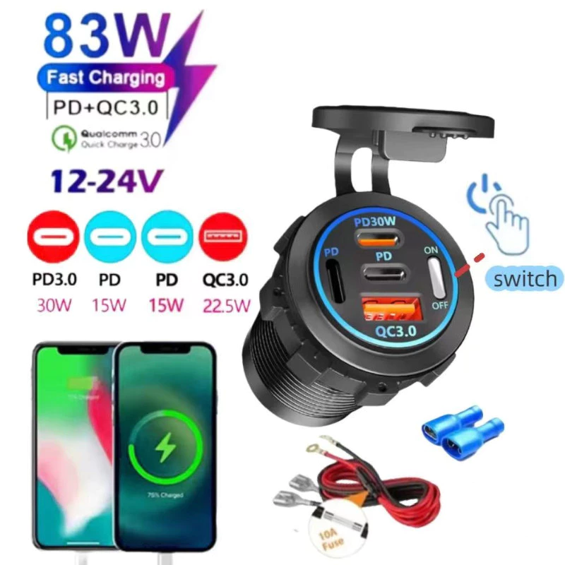 2/3/4 พอร์ต PD QC 3.0 USB Car Charger พร้อมโวลต์มิเตอร์ Socket Power Outlet Adapter กันน้ําสําหรับ 12 V/24 V รถ ATV เรือขายร้อน