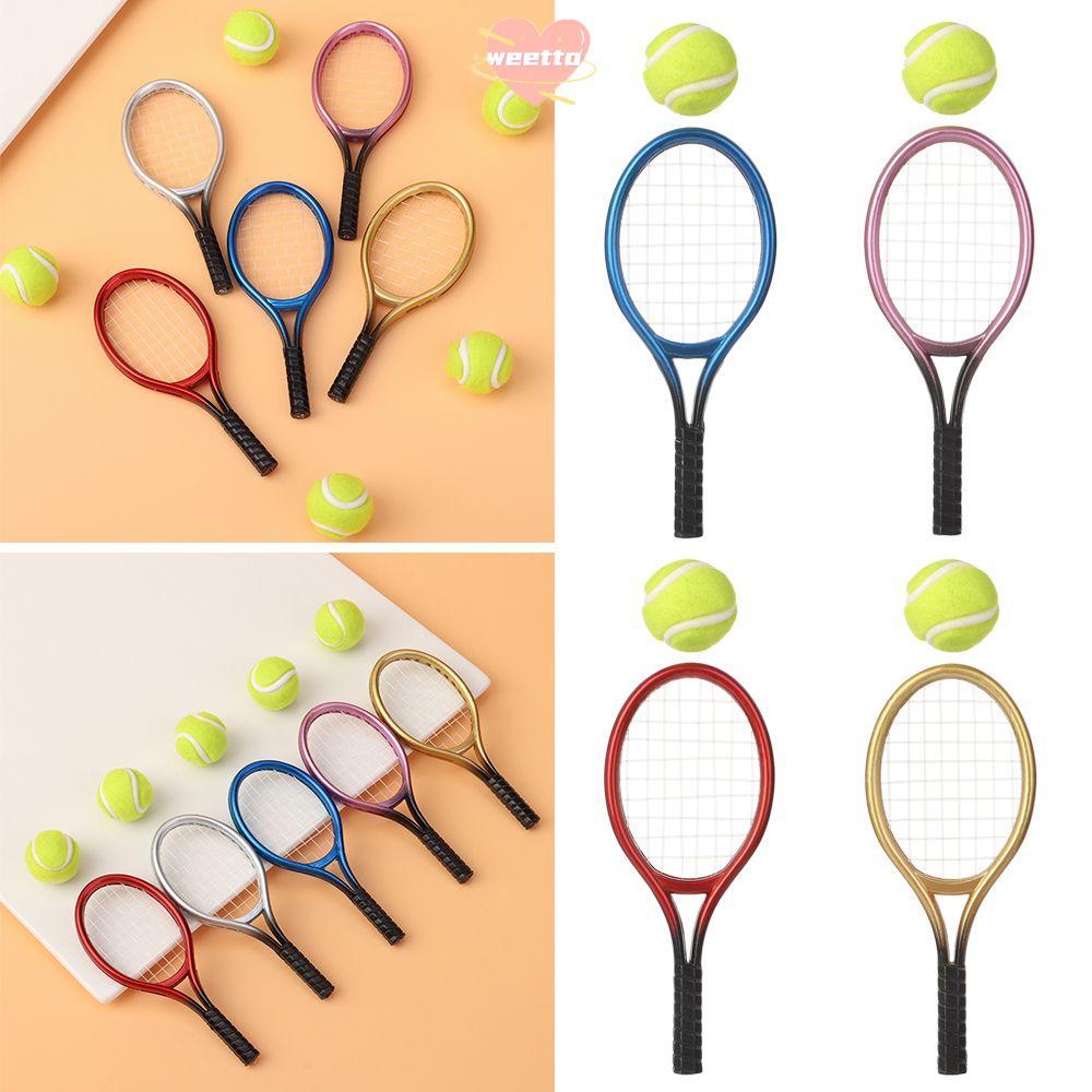 WETTO 1 ชุดไม้เทนนิสขนาดเล็กตุ๊กตาไม้เทนนิส 1/6 1/12 พลาสติก Mini ไม้เทนนิส & Ball