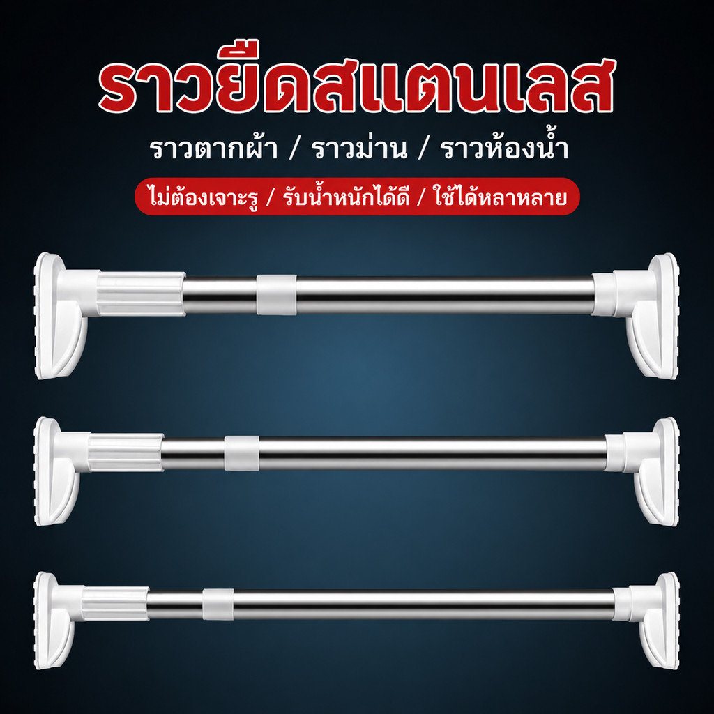ราวแขวนสแตนเลสไม่ต้องเจาะ ยืดหดได้ 3in1 (ม่าน/ตากผ้า/แขวนเสื้อ) ใช้ในห้องน้ำ-ระเบียง ติดตั้งง่าย