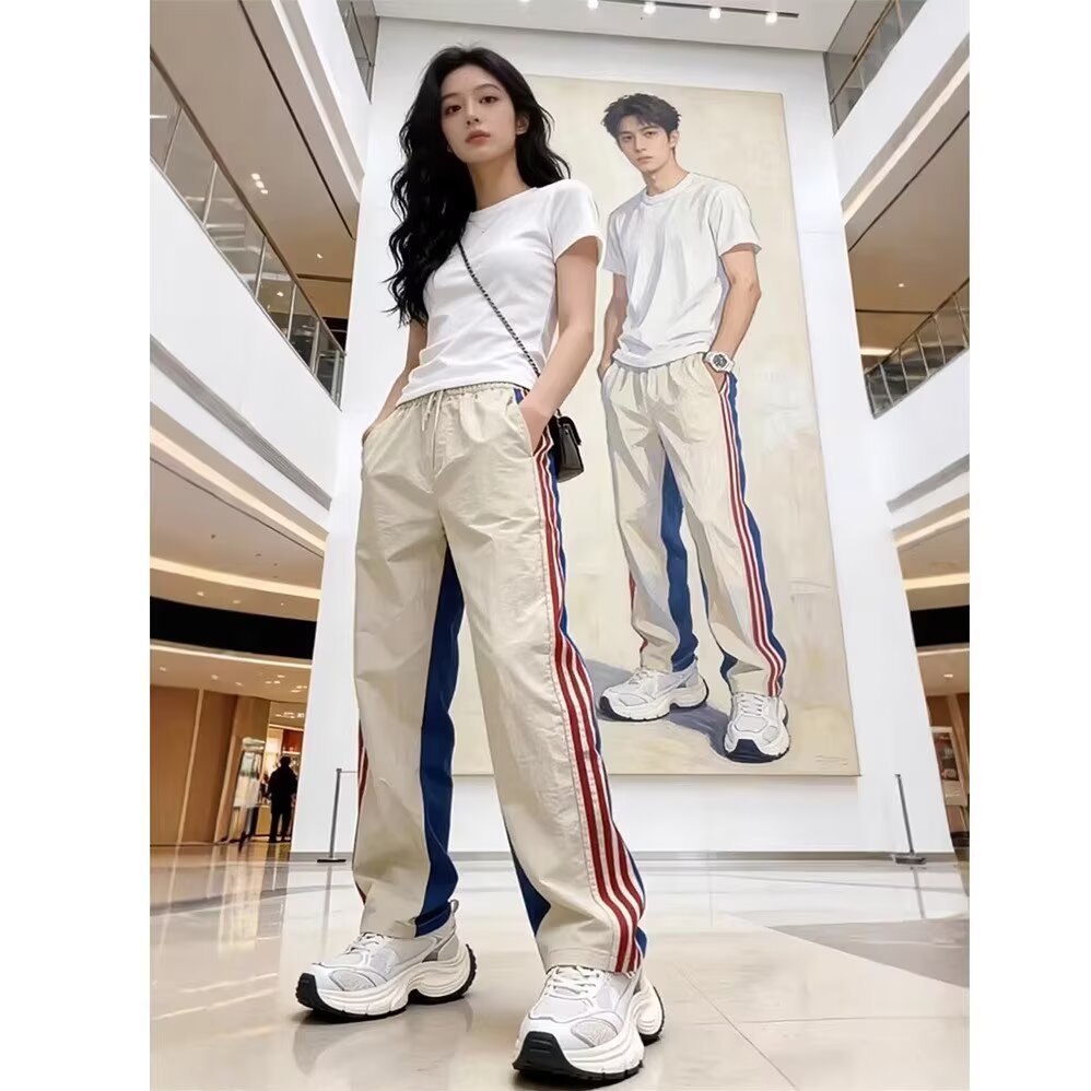 R RUMM กางเกงผู้หญิง American Street สวมใส่ลายตรง Overalls ฤดูใบไม้ร่วง Street Hip Hop เต้นรํากีฬากางเกงลําลอง