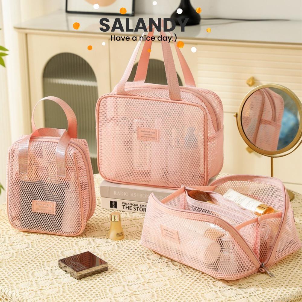 กระเป๋าแต่งหน้า SALANDY,กระเป๋าเครื่องสําอางตาข่ายสีทึบน้ําหนักเบา,กระเป๋าซิปประหยัดพื้นที่ความจุขนาดใหญ่แบบพกพาสําหรับกลางแจ้ง