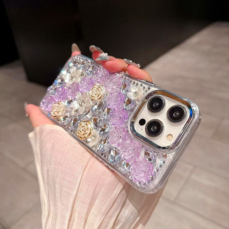 DIY Handmade เพชรเคสโทรศัพท์สําหรับ iPhone 17 15 16 14 13 12 11 Pro Max แฟชั่น Rhinestone Bow Rose ฝ