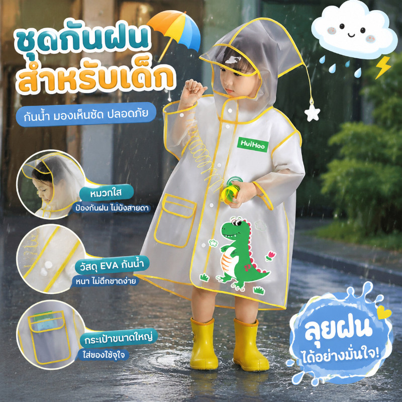COD เสื้อกันฝนเด็ก ปอนโช กันน้ำ ปีกหมวกใหญ่ ลายการ์ตูน น่ารัก มีกระเป๋า ทำความสะอาดง่าย