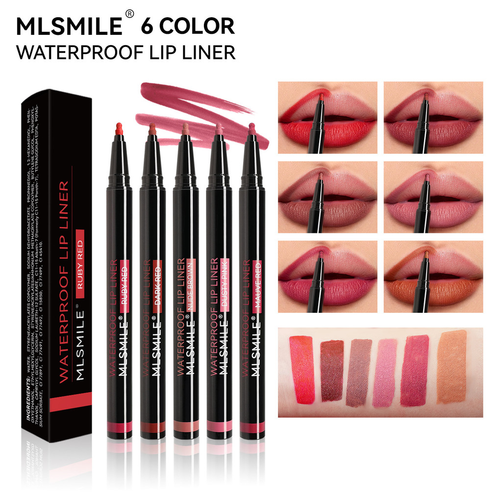6 สีกันน้ํา Long-Wear Lip Liner Set – Ruby Red / Dark Red / Nude Brown / Dusty Pink / Mauve Red / Na