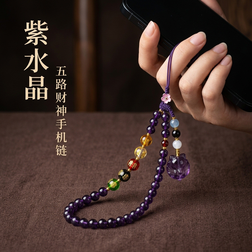 Amethyst Five-Way God of Wealth Lucky Cat โซ่โทรศัพท์มือถือ Benming ปีกระเป๋าจี้เครื่องประดับ Dream ประดิษฐ์คริสตัลของขวัญ