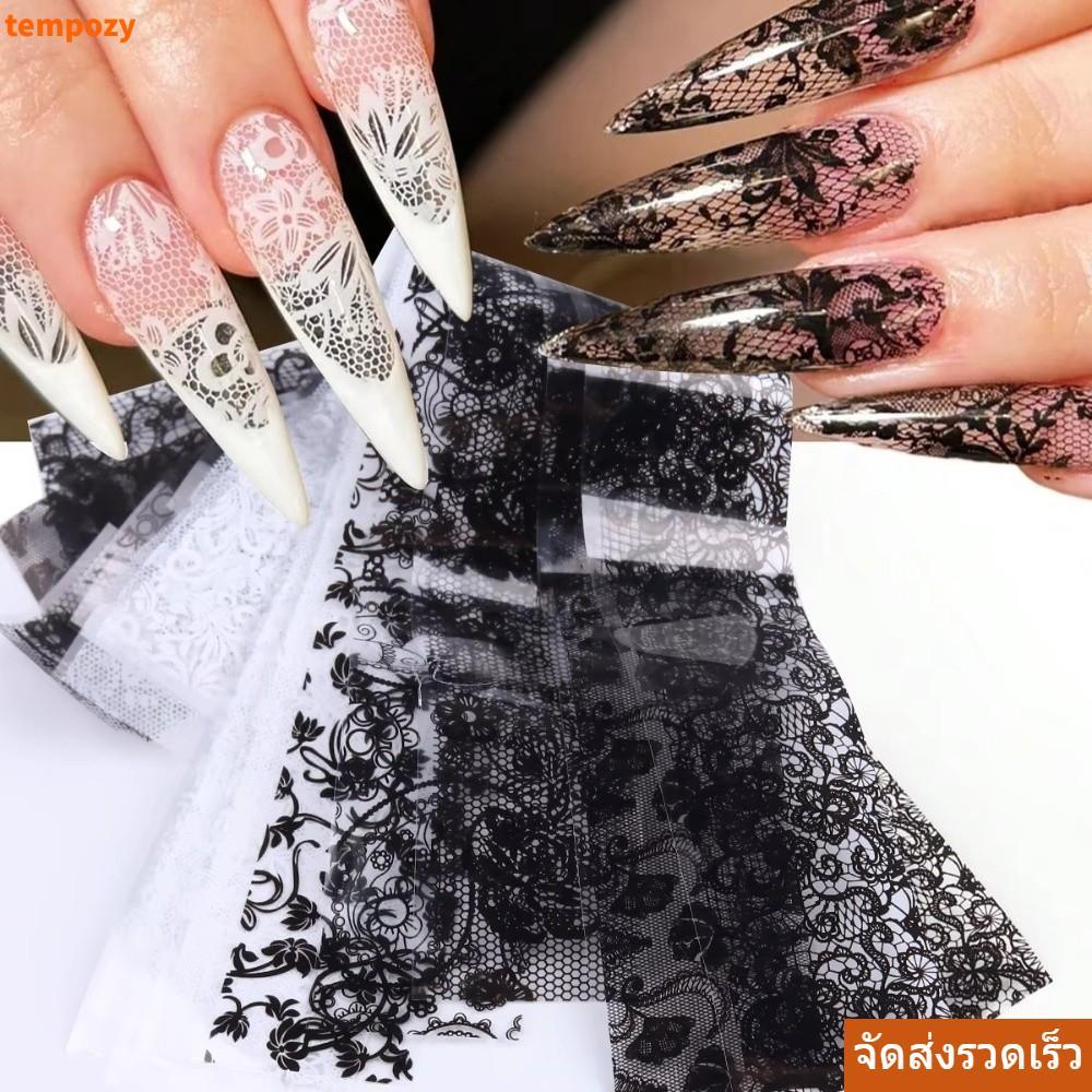 TEMPOZY ฟอยล์เล็บ, ลายแถบสีดําสีขาวเล็บสติกเกอร์, Professional ลูกไม้ออกแบบเสือดาวพิมพ์เลื่อม Effect Transfer กระดาษเล็บ DIY