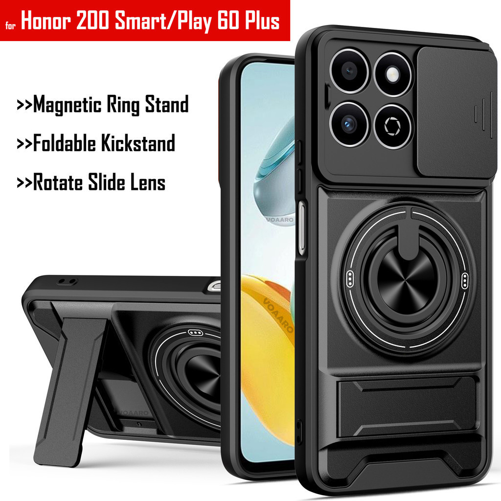 หมุนสไลด์เลนส์ Funda สําหรับ Honor 200 สมาร์ทแม่เหล็กแหวนสําหรับ Honor Play 60 Plus X7C กรณีพับขาตั้งเกราะ Capa