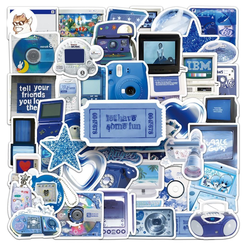 ชุดสติ๊กเกอร์กันน้ําขนาดเล็ก 10/20/50 BLUE Y2K RETRO TECHCORE AESTHETIC DIGITAL PERSONAL OBJECTS สํา