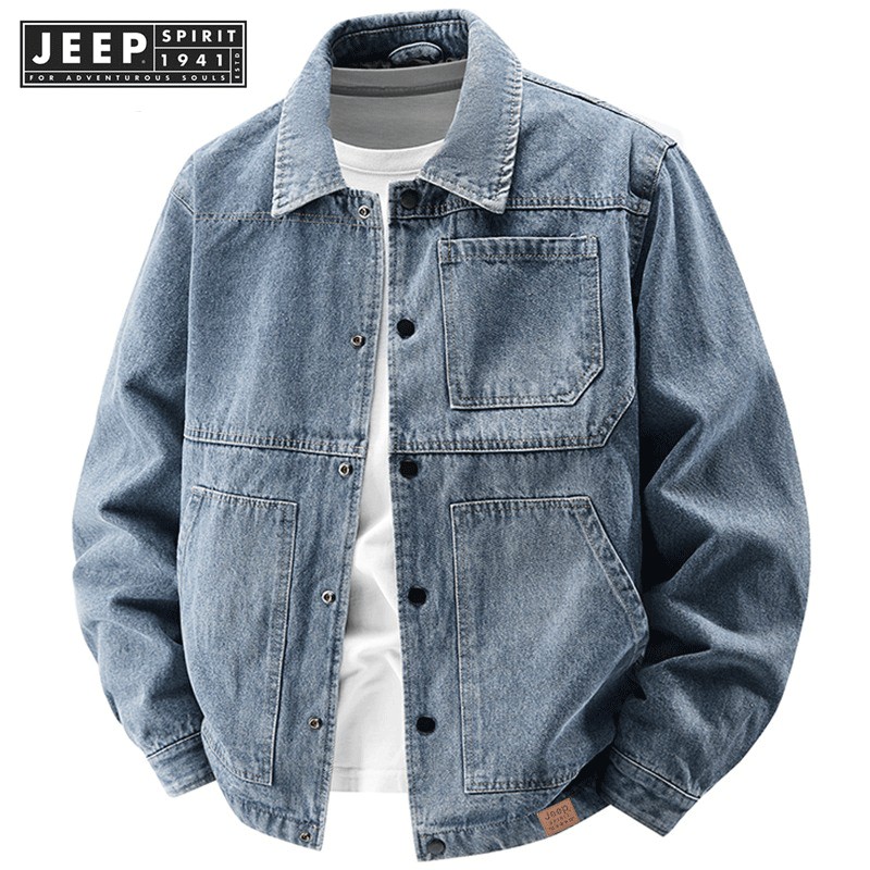 JEEP SPIRIT 1941 ESTD แจ็คเก็ตยีนส์สปริงผู้ชายล้างแจ็คเก็ต
