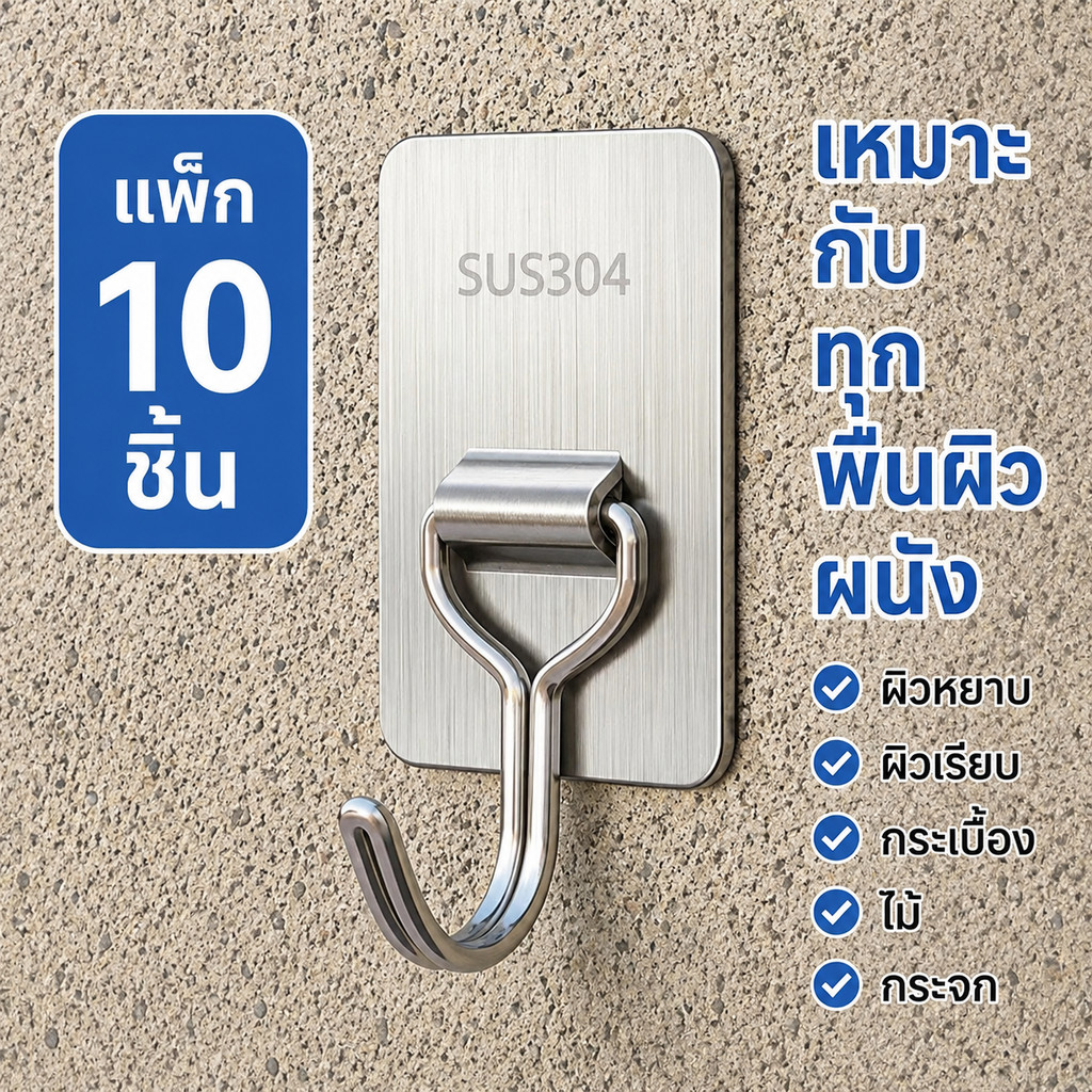 ขอแขวนติดผนัง 10 ชิ้น สแตนเลส 304 ไม่ต้องตอกตะปู ไม่เป็นสนิม ติดได้ทั้งผิวหยาบและผิวเรียบ ใช้ในห้องน้ำ ห้องครัว