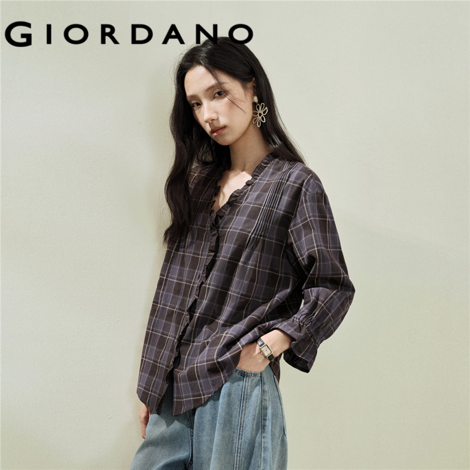 GIORDANO WOMEN Vintage checkered lace V-neck seven-quarter sleeve woven shirt - High Quality 18346204