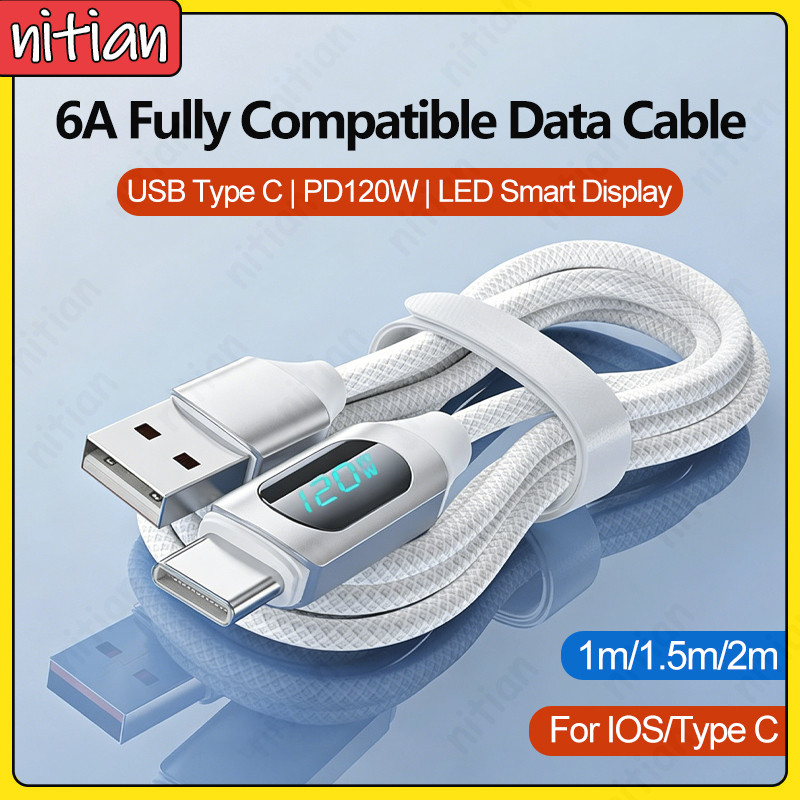 6A สายเคเบิลข้อมูลโทรศัพท์ที่รองรับเต็มรูปแบบ USB ถึง Type C สายชาร์จในรถยนต์ PD120W Type C ถึง Type C สายชาร์จเร็วพร้อมจอแสดงผลแบบเรียลไทม์ลวดถักทนทาน