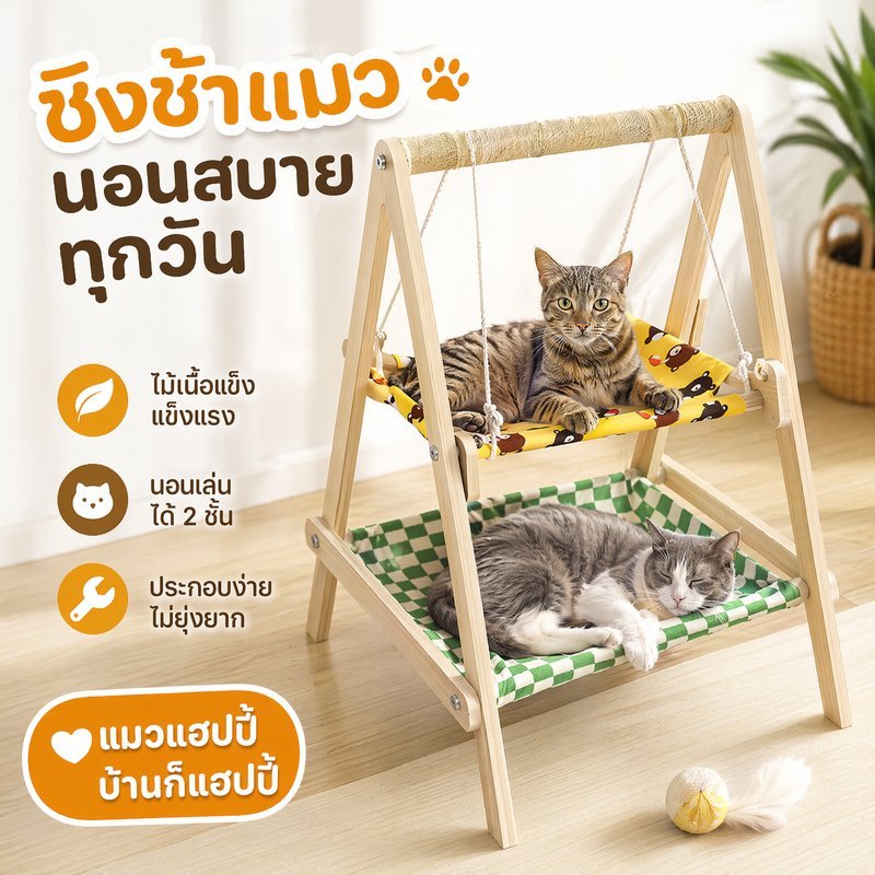 เตียงแมว เปลแมว ชิงช้าแมว ที่นอนแมว ไม้ เบาะผ้า ประกอบง่าย เตียงสัตว์เลี้ยง แมวนอนสบาย