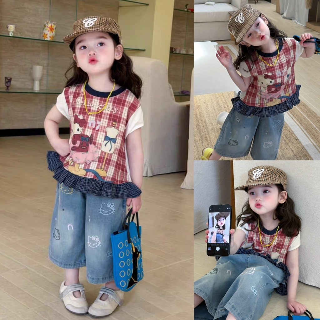 PRETTY BABY เสื้อยืดเด็ก เสื้อแขนล้ำ ลายสก็อตแดง แต่งระบาย กางเกงยีนส์ 7 ส่วน ปักการ์ตูน(2229)