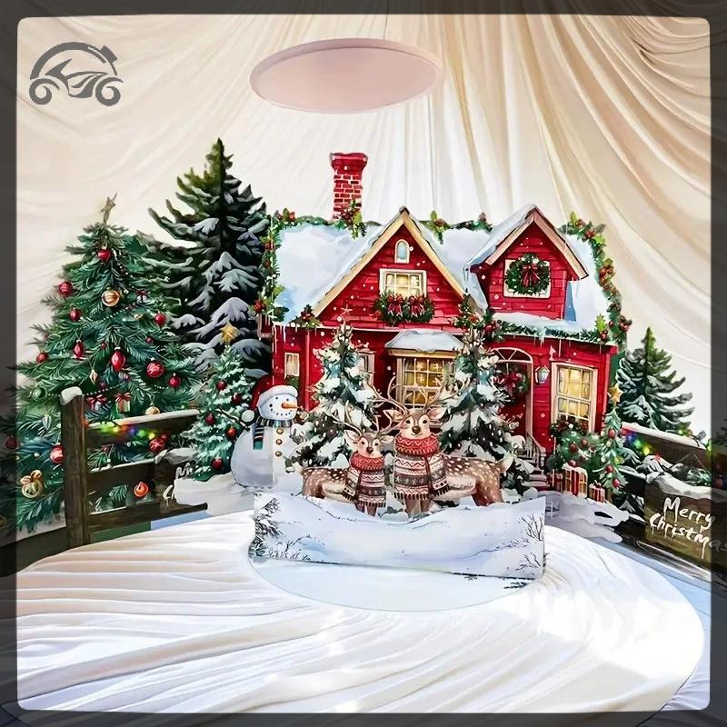 [8C11] 3D Christmas Card Night ก่อนฉากคริสต์มาสพร้อม Santa, Reindeer, Snowy Village การ์ดอวยพรวันหยุ