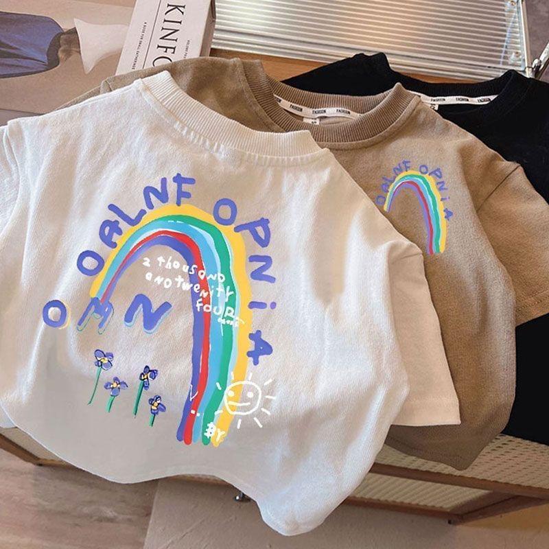 2026เด็กชายผ้าฝ้ายแท้สไตล์ใหม่แขนสั้นเสื้อยืดเด็กครึ่งแขนเสื้อผ้าเด็กเสื้อผ้าฤดูร้อนเด็กทารกพิมพ์ฤดู