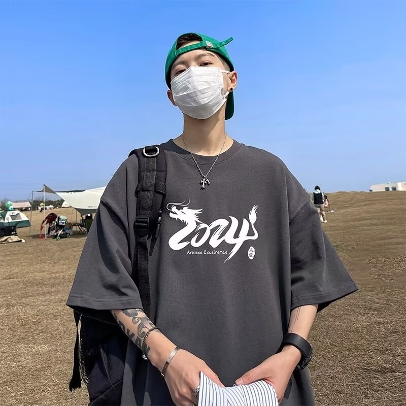 COD American Heavy Short Sleeve T-Shirt Men Summer New Style Street Wear Trend Loose All-Match Simpl