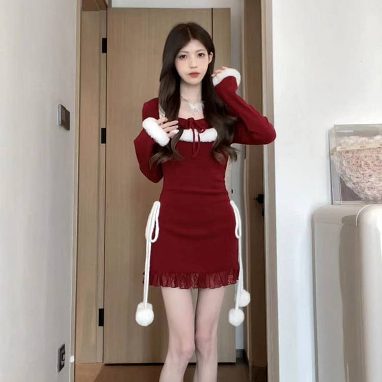 New Year Red Square Collar Fur Stitching Lace Dress New Slimming Sheath Little Short Dress 9Boj
