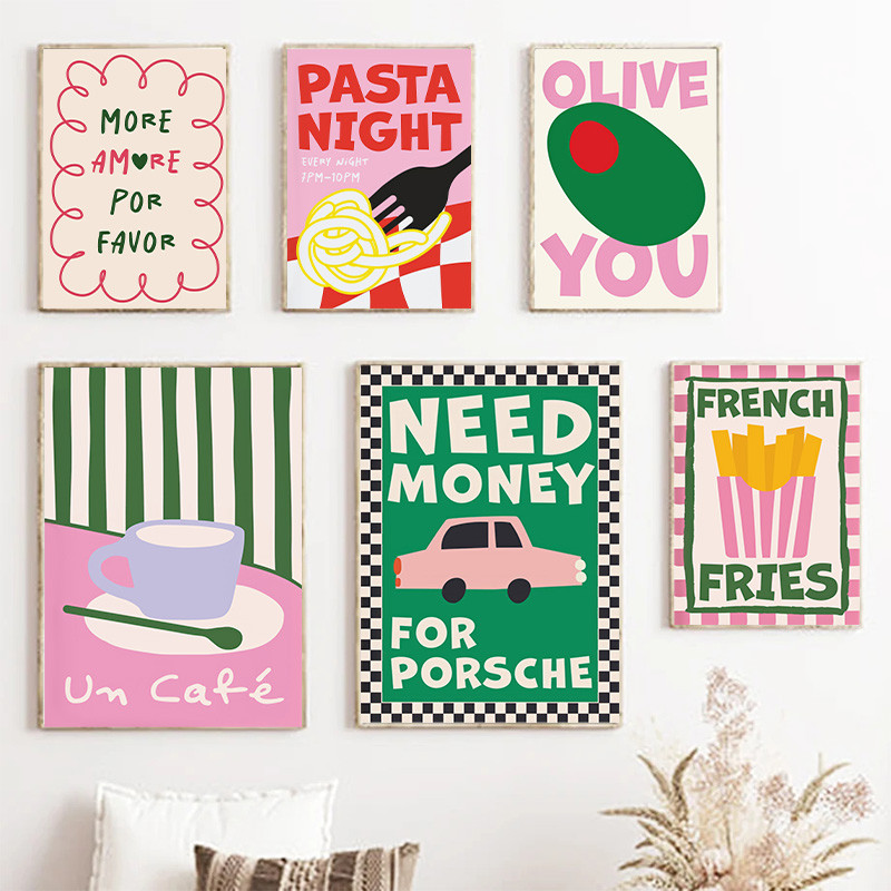 อาหารสี Wall Art คําคมโปสเตอร์ผ้าใบพาสเทลภาพวาดพิมพ์ French Fries ภาพห้องครัวสําหรับห้องนั่งเล่นตกแต่งบ้าน