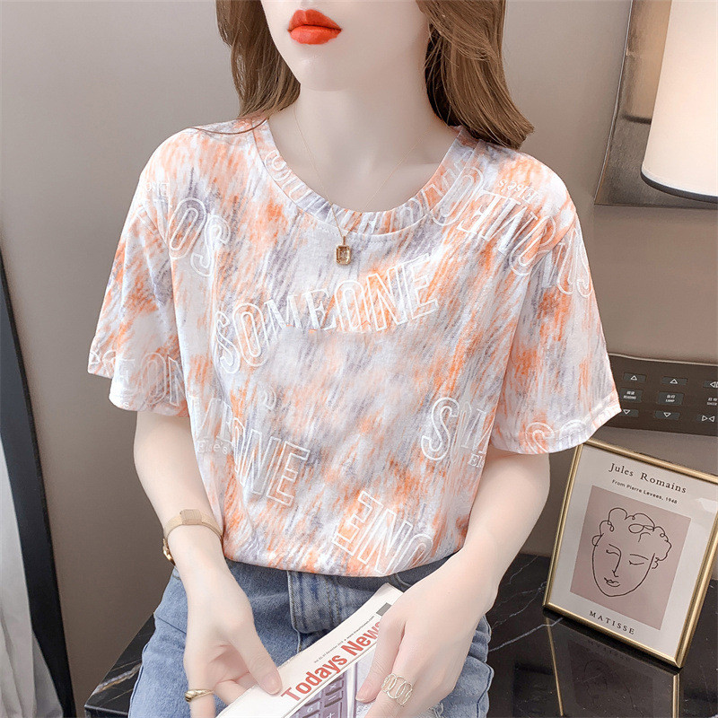 High-End ผ้าไหมน้ําแข็งเกลียวสุภาพสตรีเสื้อยืดแขนสั้นผู้หญิงหลวมแฟชั่นรอบคอ Top 10.13 W1