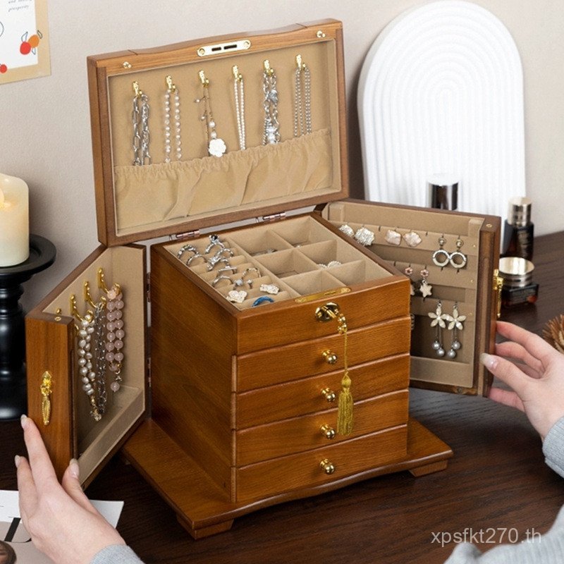 ต่างหู ไม้เนื้อแข็งลิ้นชักแหวนความจุขนาดใหญ่กล่องเครื่องประดับล็อคของขวัญหลายชั้นกล่องเก็บเครื่องประ