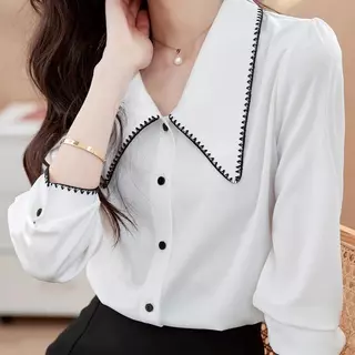 Red Berryเสื้อชีฟองแขนยาวคอปกปีเตอร์แพนรุ่นใหม่ปี 2025 สำหรับผู้หญิง ดีไซน์หรูหราและทันสมัย 99311