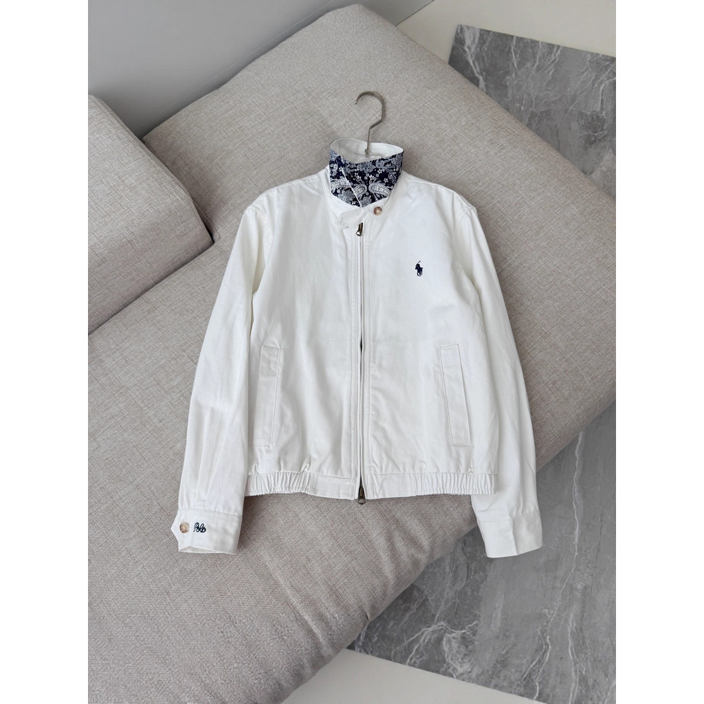 D8BX RL# New Blue and White Color-Block Pony Embroidery Jacket with Turn-Down Collar, Retro Flight J