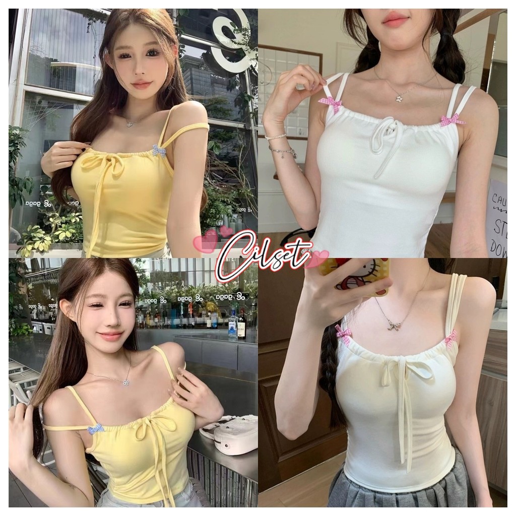 Cilset🛒พร้อมส่ง🎀สายเดี่ยว เส้นคู่โบว์สองข้าง น่ารัก ลายเรียบ เชือกด้านหน้า อก32-38 มีฟองน้ำ มีโบว์สองข้าง /FY6809-J