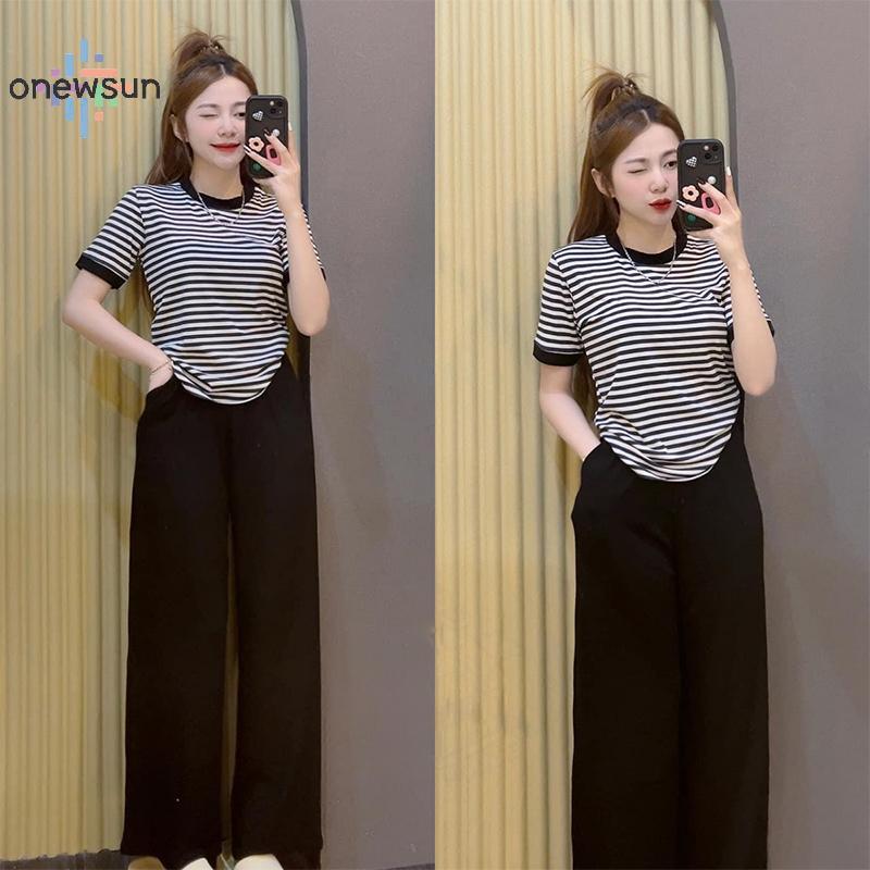 Onew ชุดผู้หญิงฤดูร้อนหลวม Cozy ลายแขนสั้นเสื้อยืดและกางเกงขาสั้น Casual Street 2PCS ชุด sun