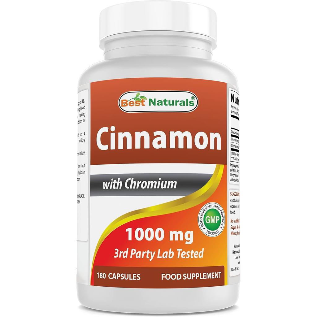 Best Naturals Cinnamon 1000 mg พร้อมโครเมียม 200 mcg 180 แคปซูล (แพ็คละ 1 ชิ้น))