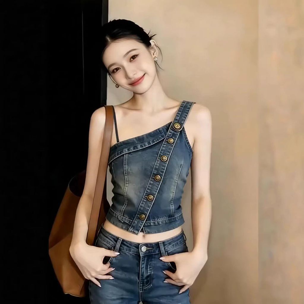 Hotsselliten ลายตารางหมากรุกผู้หญิง 2026 ฤดูร้อนสไตล์ใหม่ล่าสุดเสื้อคล้องคอผ้าเดนิมไม่สมมาตรสําหรับผู้หญิง 20361yuj