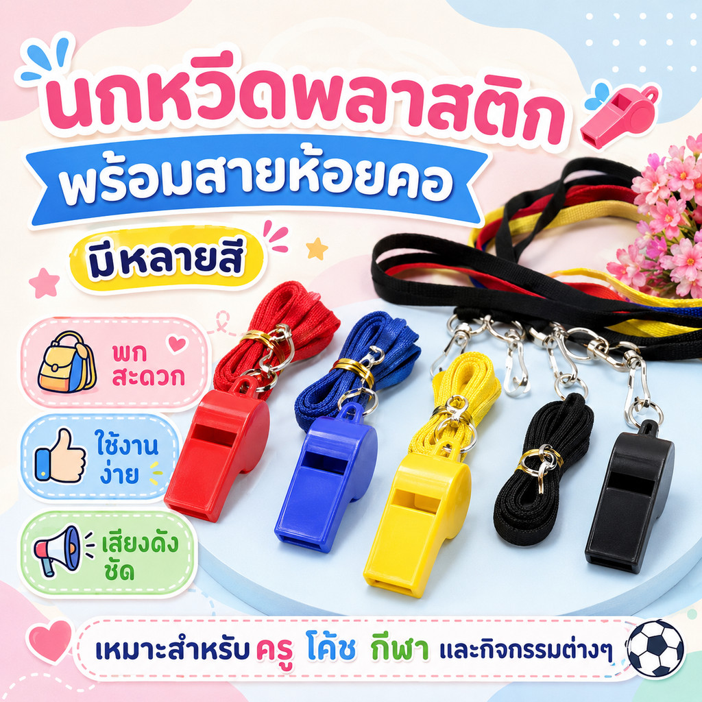 นกหวีดพลาสติก นกหวีดพร้อมสายห้อยคอ นกหวีดมีสายคล้องคอ DBA079