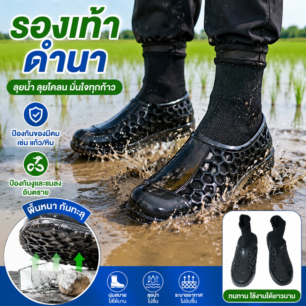 รองเท้าทำงานแบบยางยืดสำหรับลุยโคลน ทรงยาวพิเศษ รองเท้าสำหรับลุยนาหรือชายหาด รองเท้าสำหรับปลูกข้าวในนาโคลน