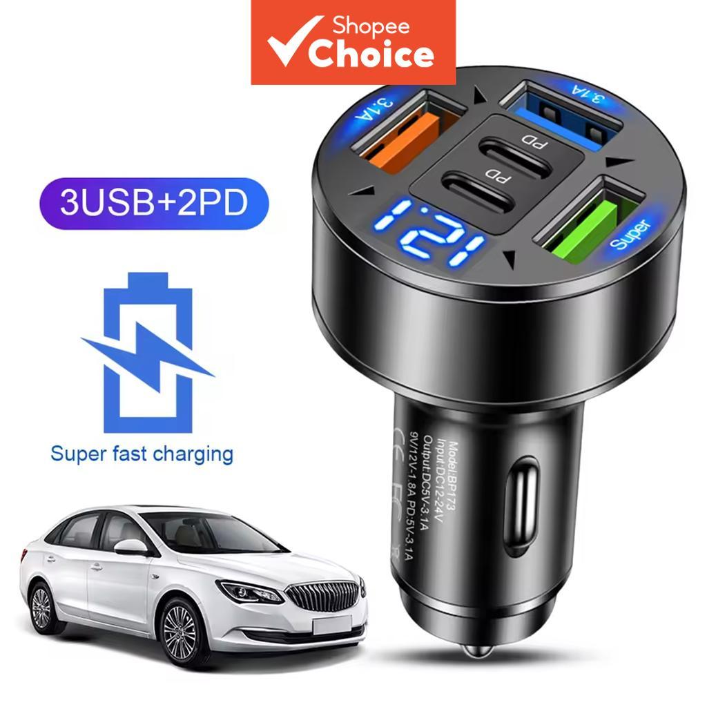 ที่ชาร์จแบตในรถ USB-C 5-in-1 พร้อม PD QC3.0, ชาร์จเร็วสําหรับ iPhone, Samsung Galaxy, iPad Pro, อะแดปเตอร์หลายพอร์ต