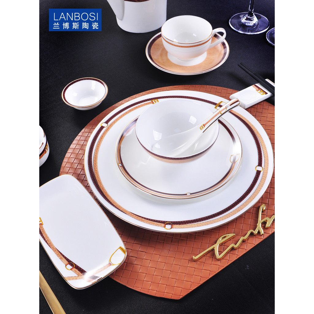 Five-Star Hotel Tableware Set Bone China Set High-End Club Wrapping Bows Plates Spoon Bone Plates แน