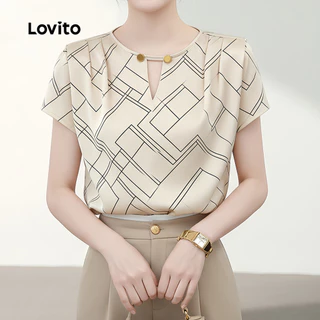 Lovito เสื้อเบลาส์ผู้หญิง สีแอปริคอต แบบกระดุมผ่าหน้า ดีไซน์โปร่งสําหรับฤดูใบไม้ผลิ/ฤดูร้อน เกาหลี อินเทรนด์ LK6AD134