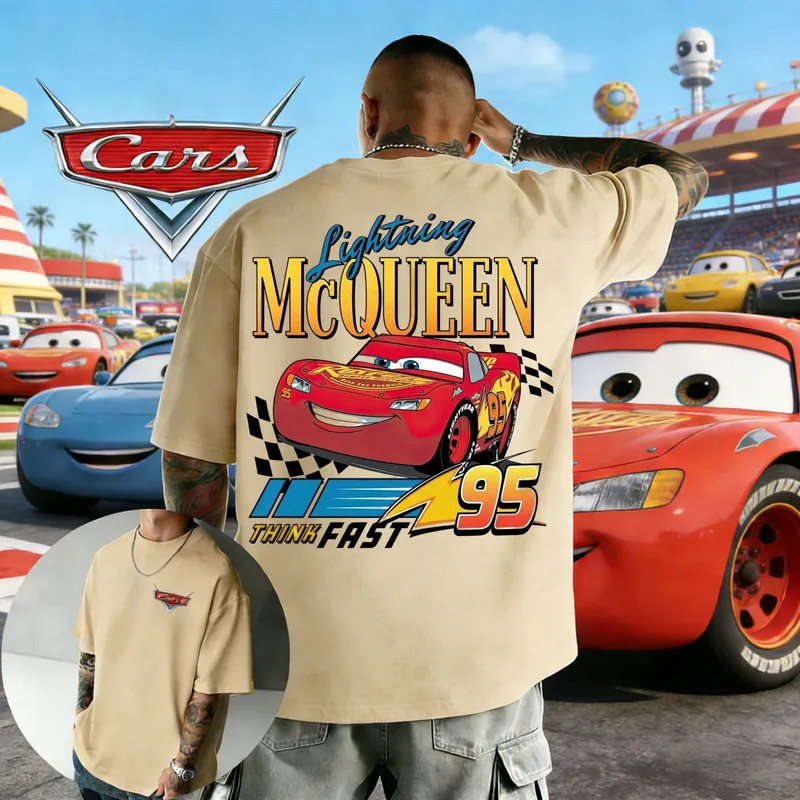 เสื้อยืดพิมพ์ลาย Lightning McQueen “Think Fast” สุดเท่ มีหลายสีและหลายไซส์ แบบคู่รัก