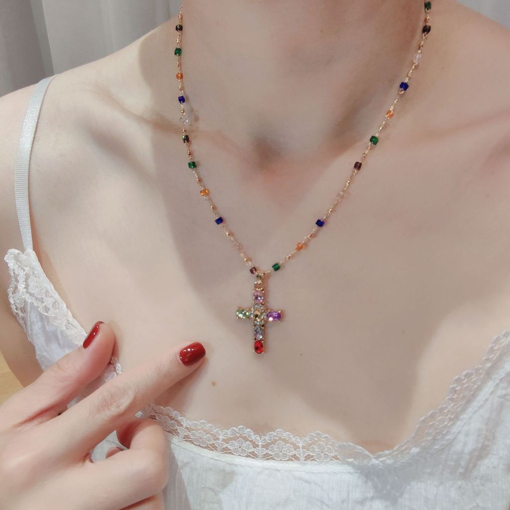 สร้อยคอเซอร์โคเนียมZirconium Clavicle Cross Classyสร้อยคอคริสตัลหินสีสันCross ee-20 หินโซ่ที่มีสีสัน